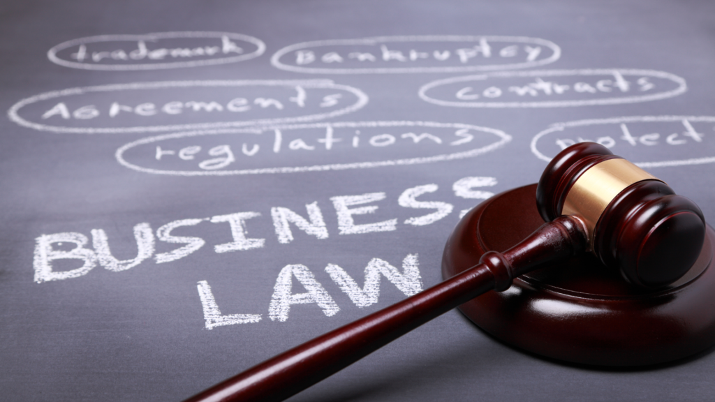 A wooden gavel resting on a chalkboard with terms related to business law, including trademark, bankruptcy, and contracts, emphasizing legal concepts.
