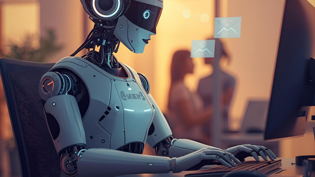 A humanoid robot with a headset typing on a computer keyboard in an office environment.