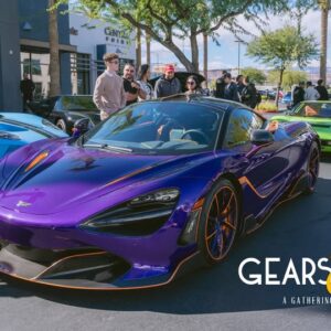 Purple McLaren 720S sports car parked at a car enthusiast gathering in Las Vegas.